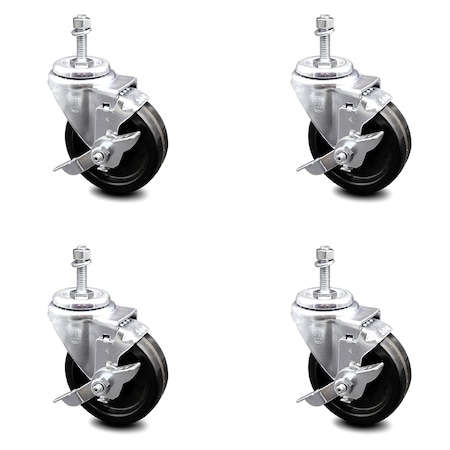 Service Caster 4 Inch Phenolic Wheel Swivel 10mm Threaded Stem Caster Set with Brake SCC SCC-TS20S414-PHR-TLB-M1015-4
